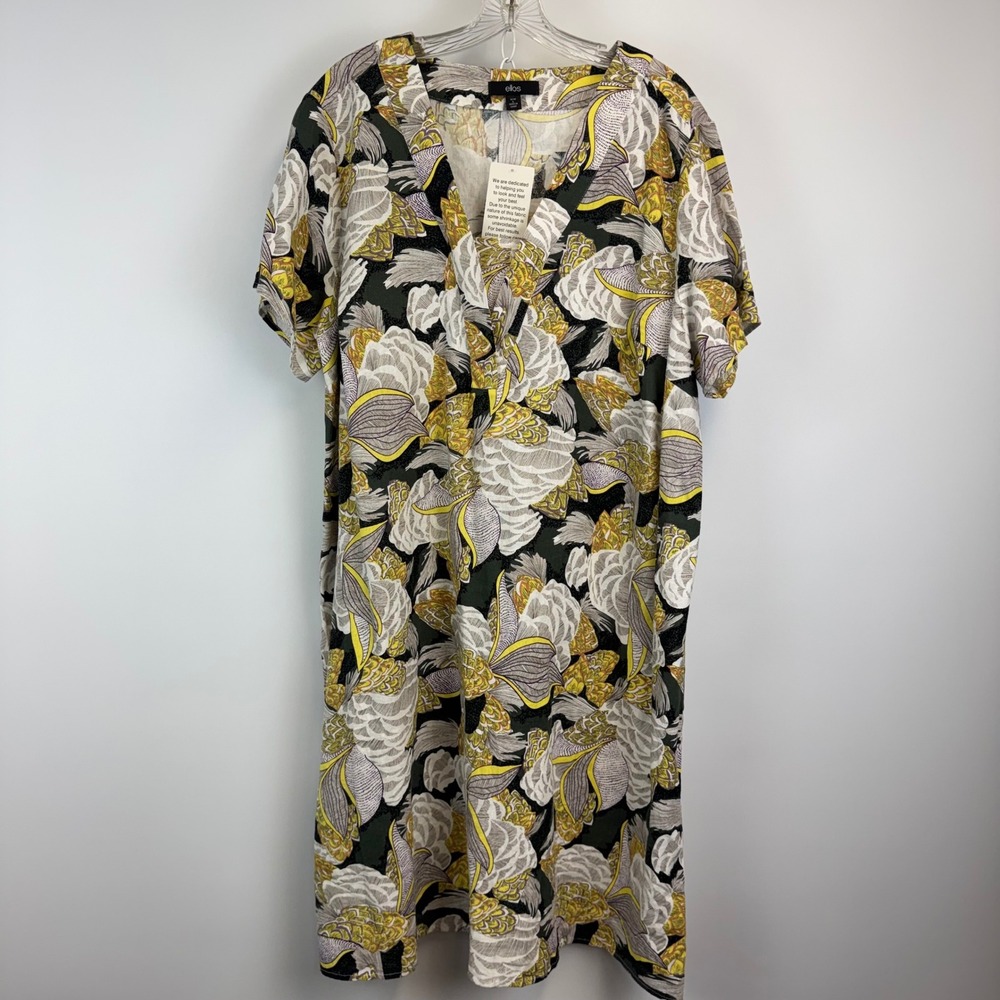Ellos Women Green Yellow Floral Linen Blend V-Neck Shift Dress Size L 18/20‎ NWT